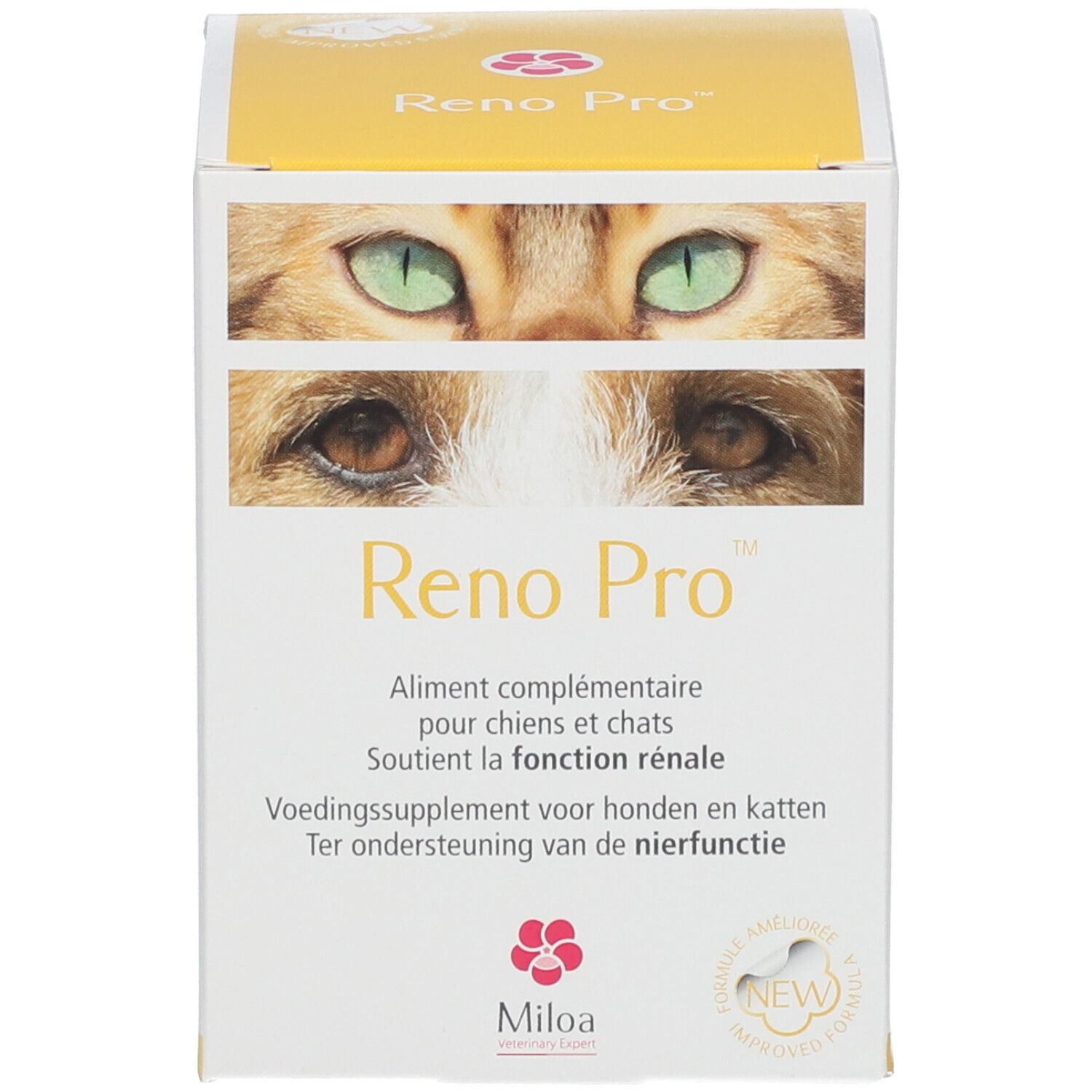 Gele doos. Opschrift: Reno Pro. Afbeelding: ogen van kat en hond. Merk: Miloa.