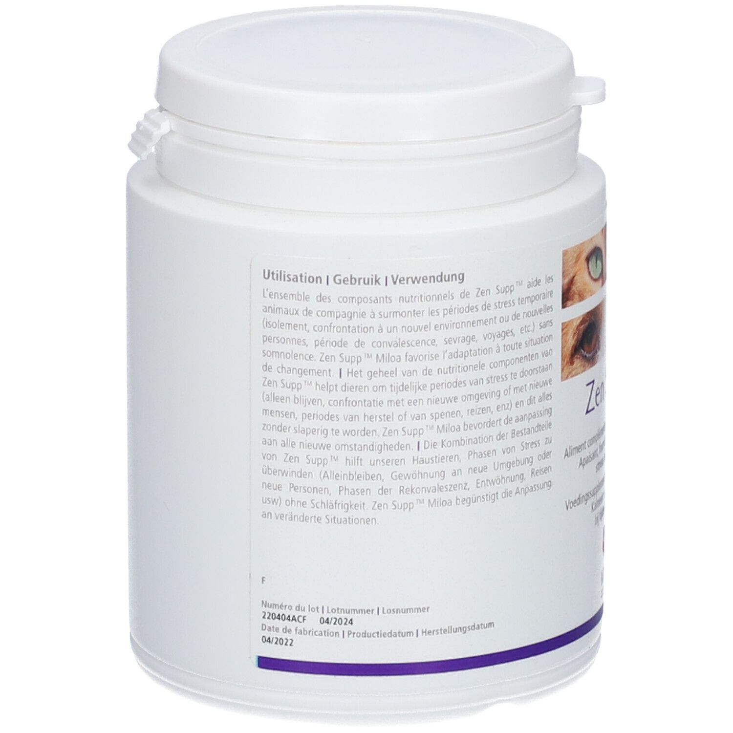Rückseite der weißen Dose. Text in mehreren Sprachen. Aufschrift: Zen Supp™. Details zur Verwendung.