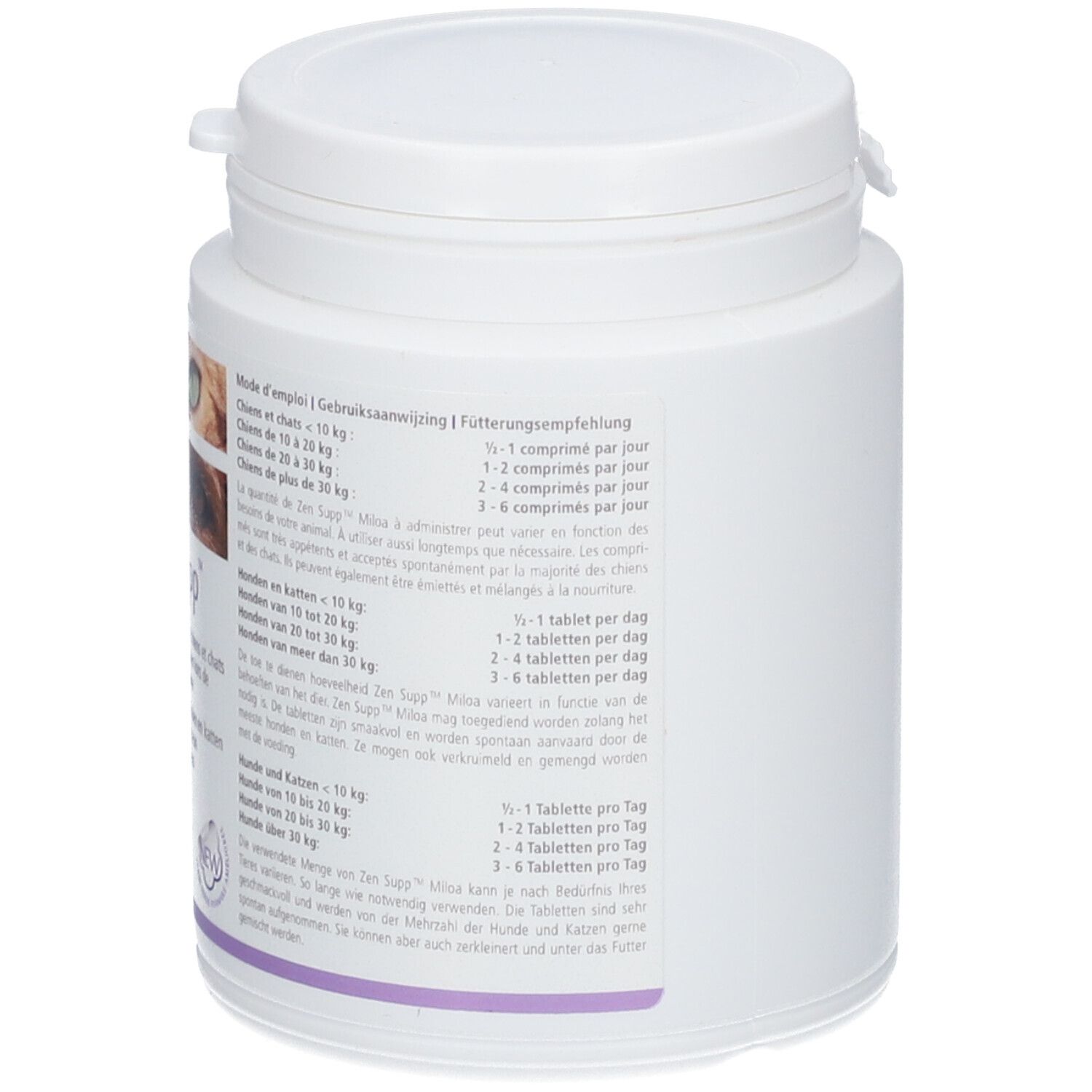 Weiße Dose mit Deckel. Text in mehreren Sprachen. Dosierungsempfehlung für Hunde und Katzen.