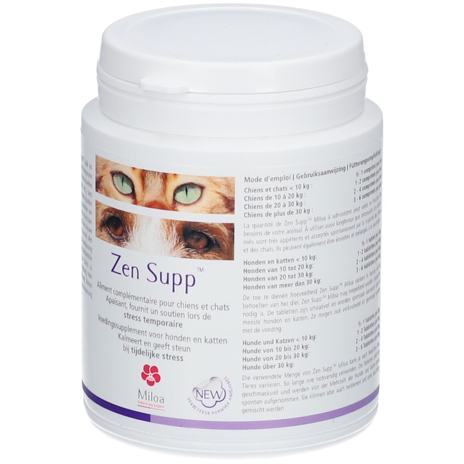 Weiße Dose mit Deckel. Aufschrift: Zen Supp™. Abbildung von Katzenaugen. Text in mehreren Sprachen.