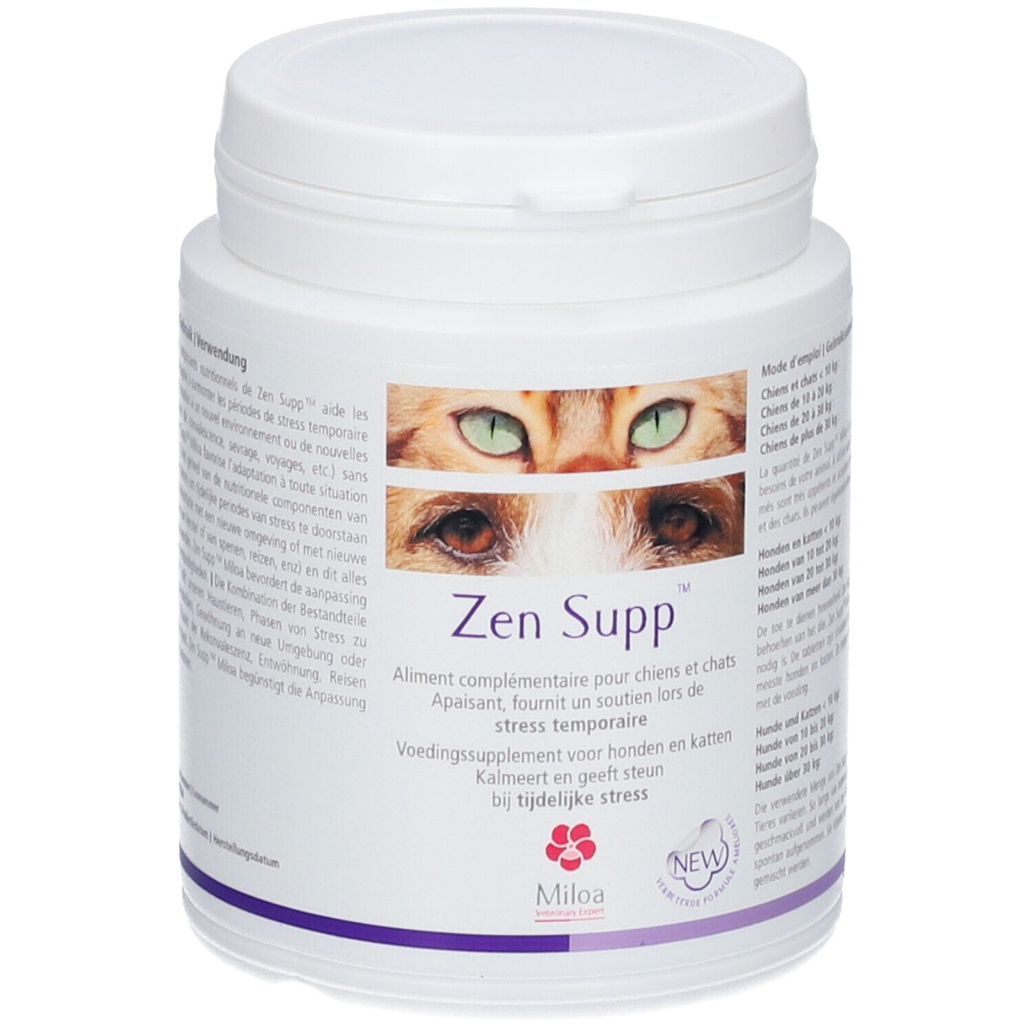 Weiße Dose mit Deckel. Aufschrift: Zen Supp™. Abbildung von Katzenaugen. Text in mehreren Sprachen.