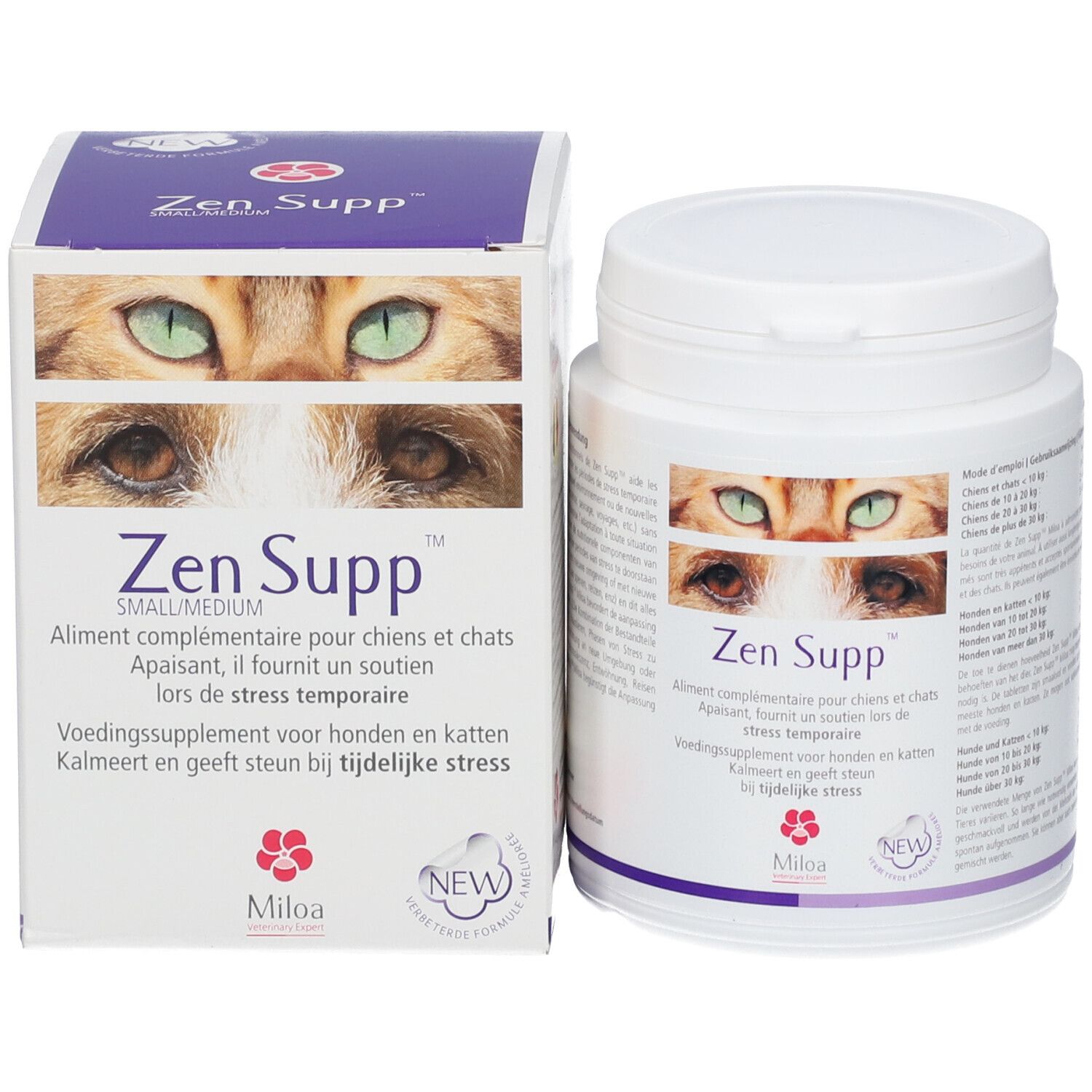 Weiße Dose und Schachtel. Aufschrift: Zen Supp™. Abbildung von Katzenaugen. Text in mehreren Sprachen.