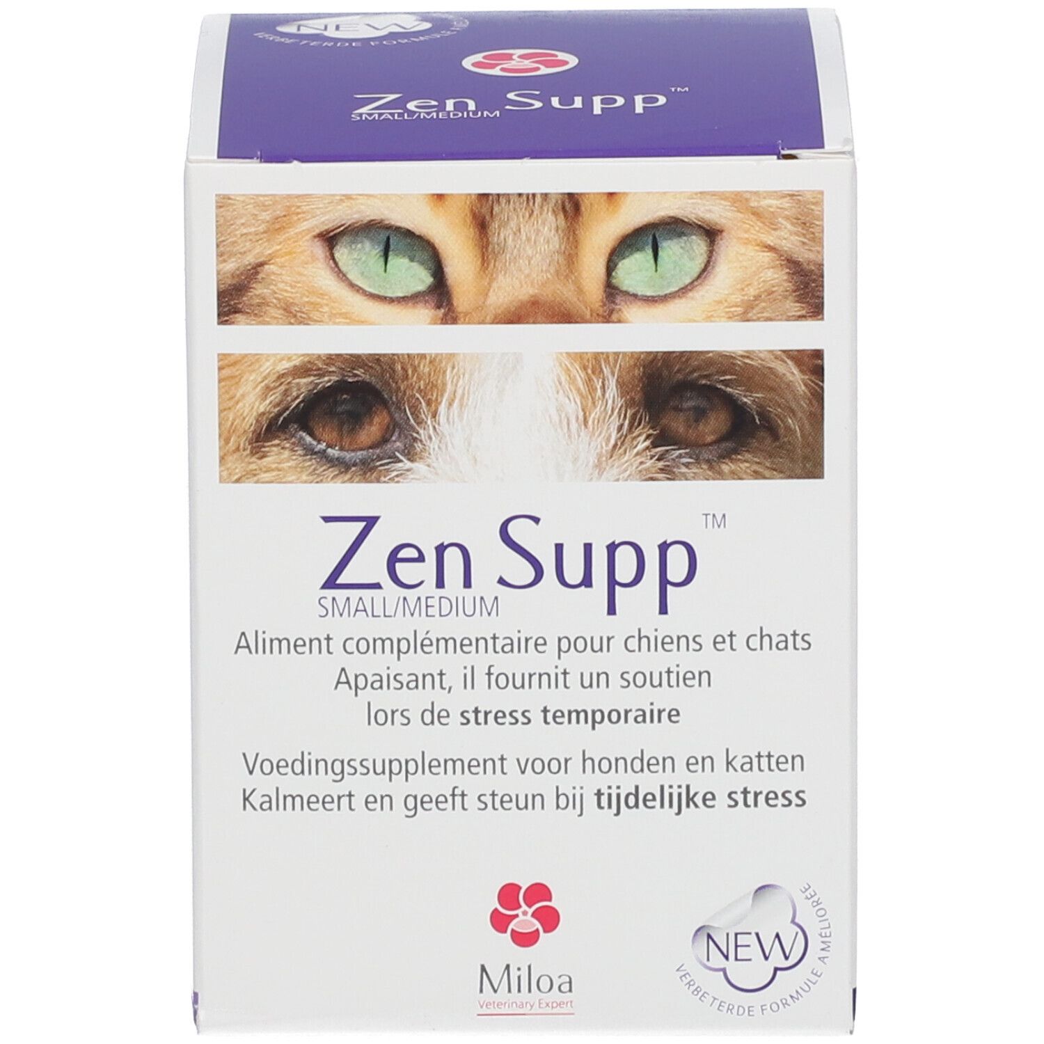 Schachtel. Aufschrift: Zen Supp™. Abbildung von Katzenaugen. Text in mehreren Sprachen.