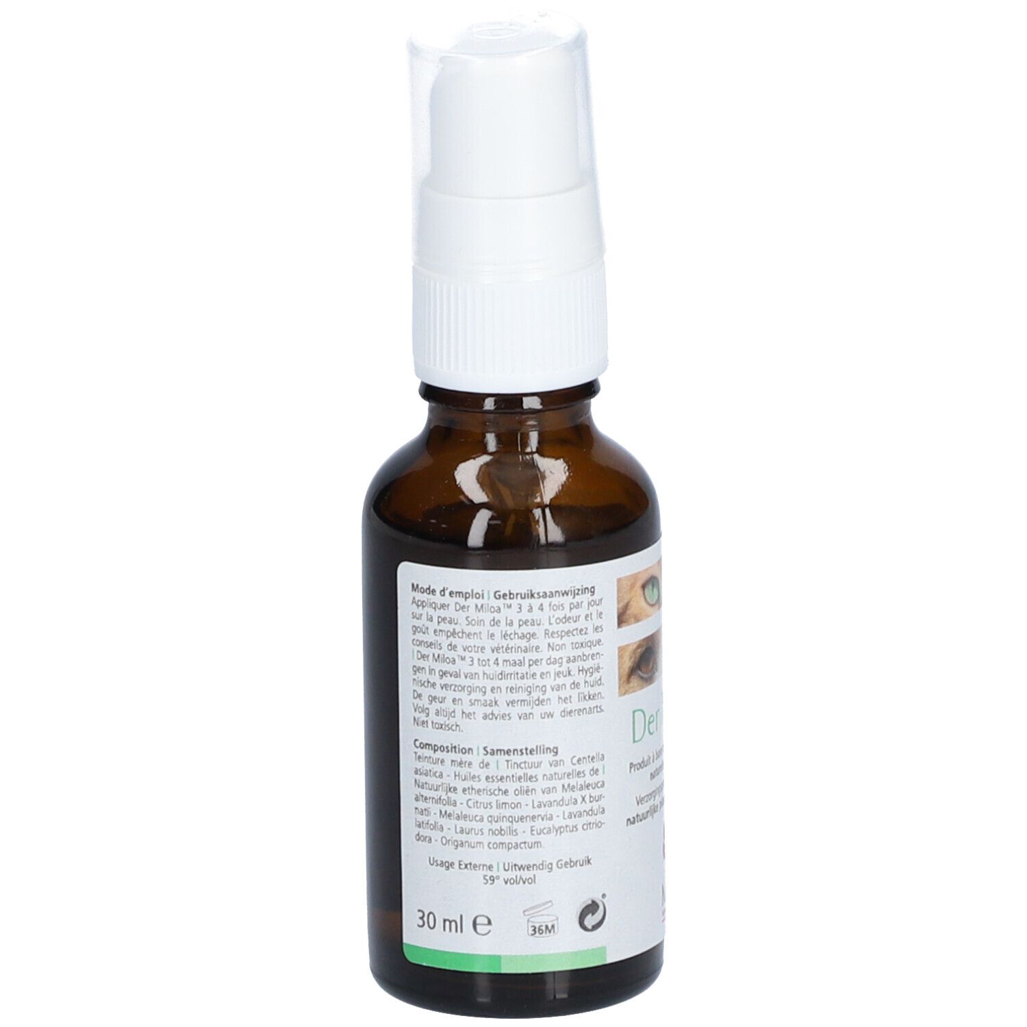 Flacon en verre brun avec vaporisateur blanc. Dos avec texte, ingrédients et indication 30 ml. Étiquette avec logo.
