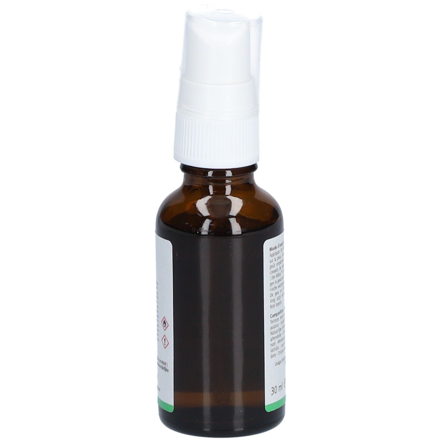 Flacon en verre brun avec vaporisateur blanc. Dos avec texte et indication 30 ml. Étiquette avec logo et symboles de danger.