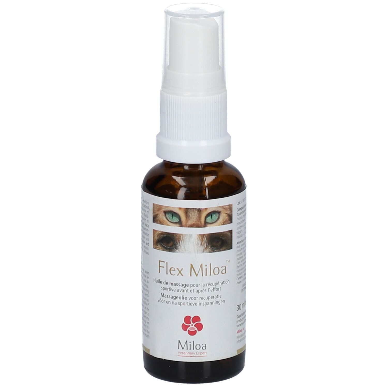 Bruine glazen fles met witte spraykop. Opschrift: Flex Miloa, kattenogen, logo. 30 ml.