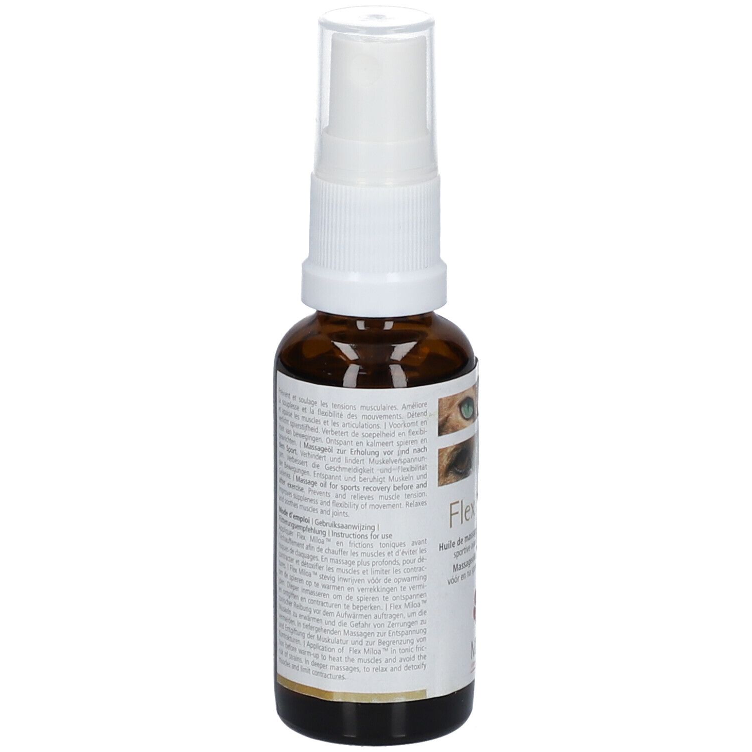 Bruine glazen fles met witte spraykop. Tekst op etiket. Achteraanzicht.