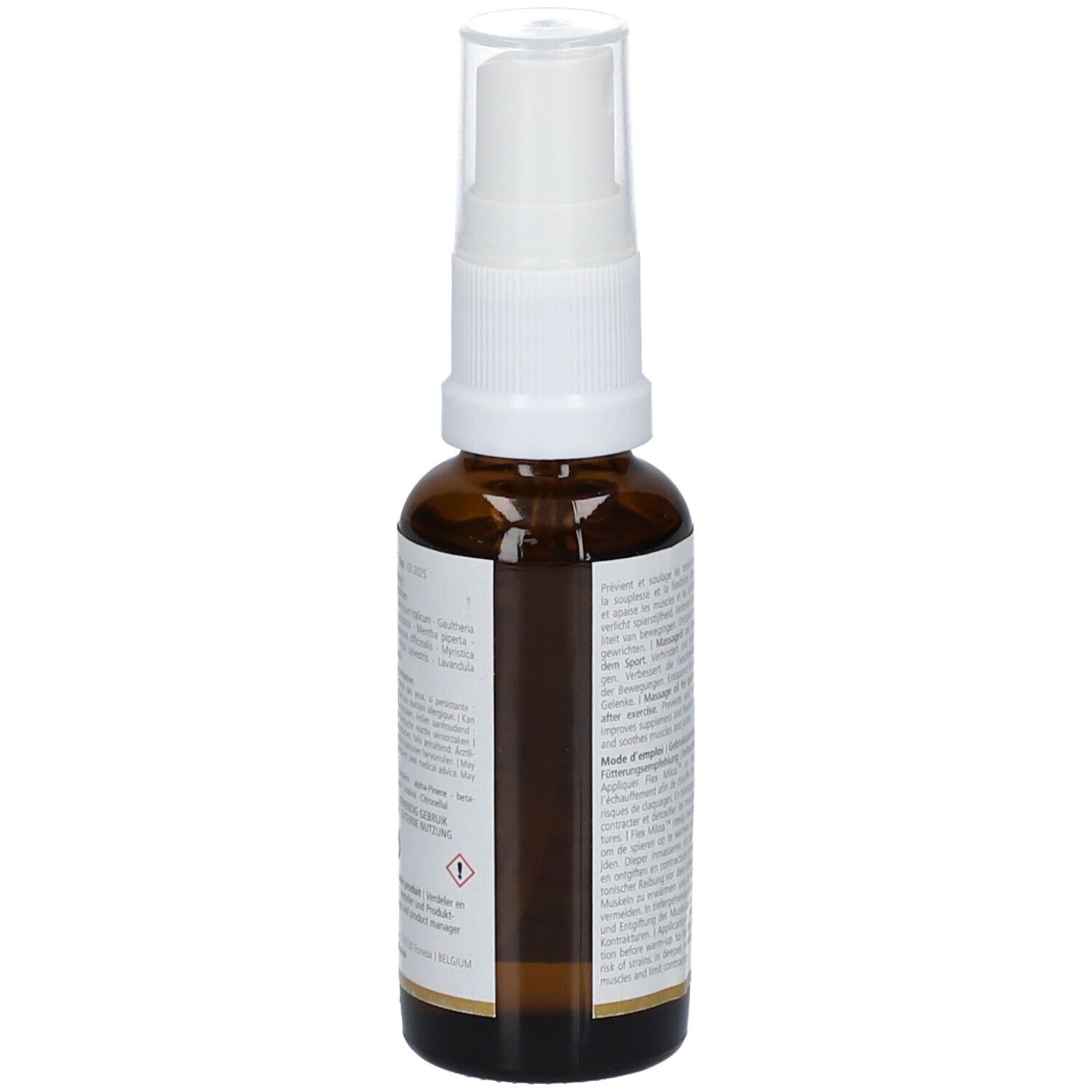 Bruine glazen fles met witte spraykop. Achteraanzicht met tekst. Gevaarsymbool.