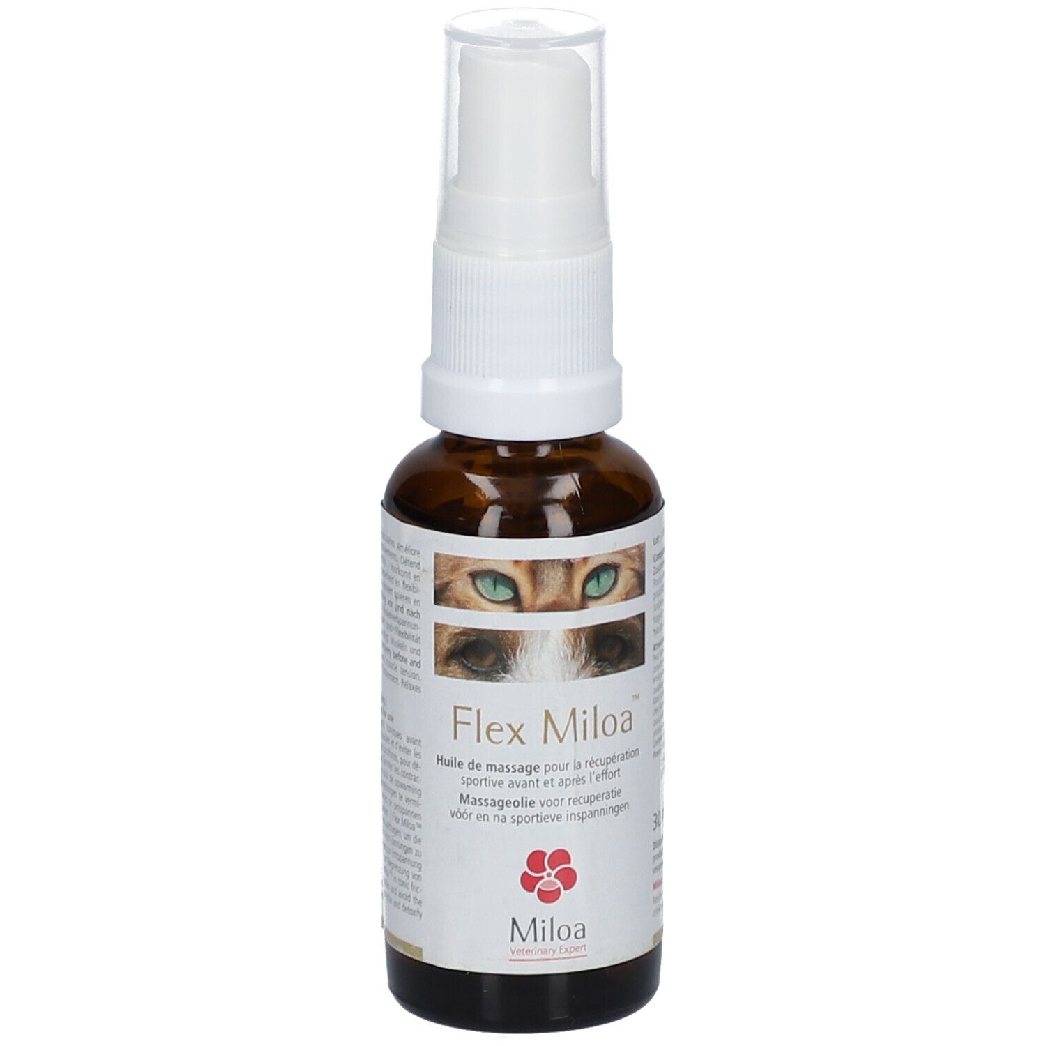 Bruine glazen fles met witte spraykop. Opschrift: Flex Miloa, kattenogen, logo.