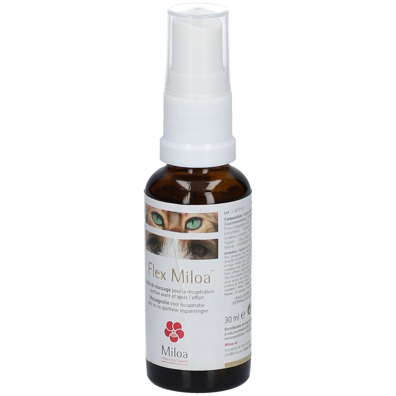 Bruine glazen fles met witte spraykop. Opschrift: Flex Miloa, kattenogen, logo. 30 ml.
