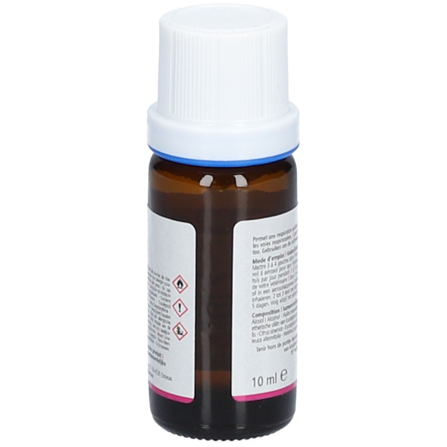 Flacon en verre brun avec bouchon blanc. Inscription: 10 ml e. Symboles de danger. Logo: Miloa.