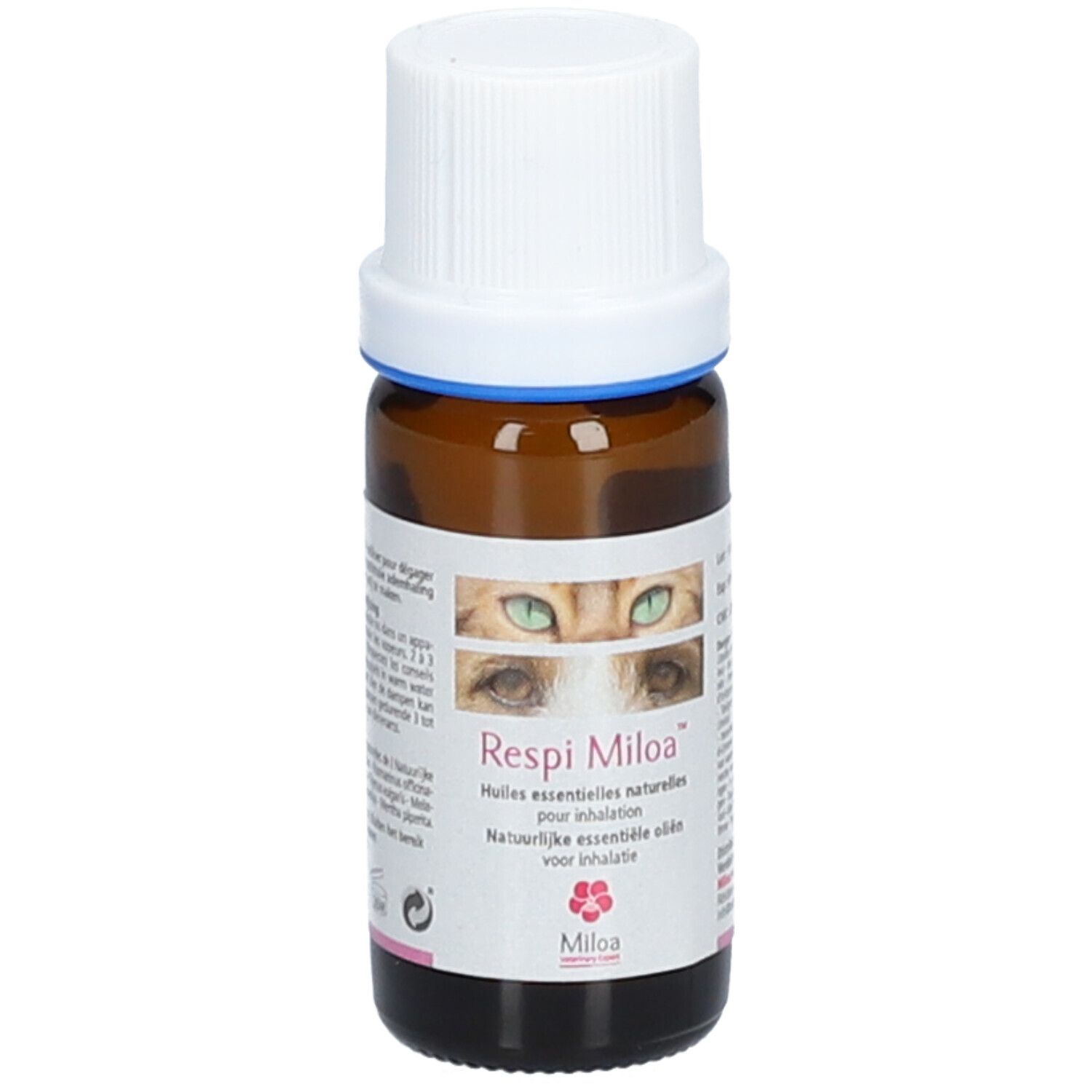 Flacon en verre brun avec bouchon blanc. Inscription: Respi Miloa, Huiles essentielles naturelles pour inhalation. Logo: Miloa.