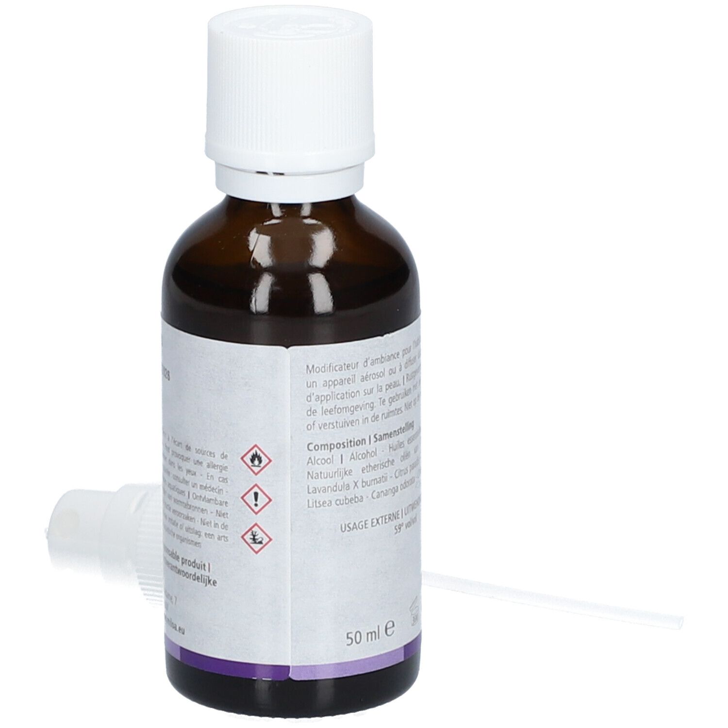 Flacon en verre brun avec vaporisateur blanc. Avertissements et texte en plusieurs langues. 50 ml.