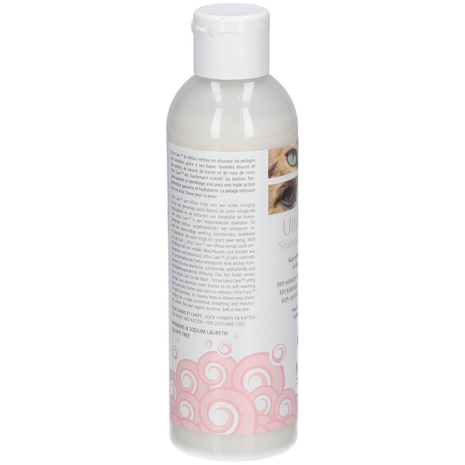 Rückseite der Shampoo-Flasche. Text mit Produktinformationen, Inhaltsstoffen und Logo.