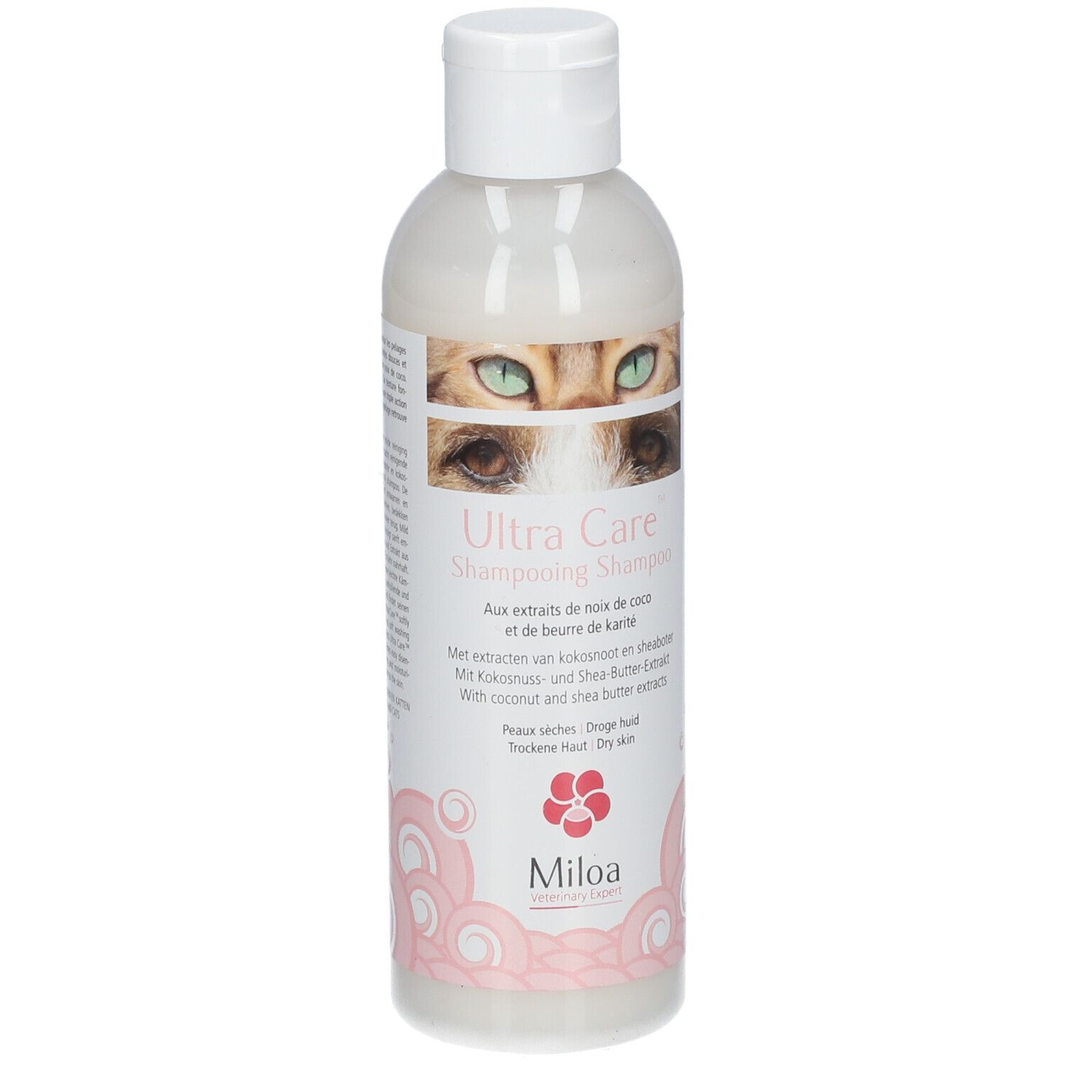 Miloa Ultra Care Shampoo Flasche. Vorderseite mit Produktname, Inhaltsstoffen und Logo.