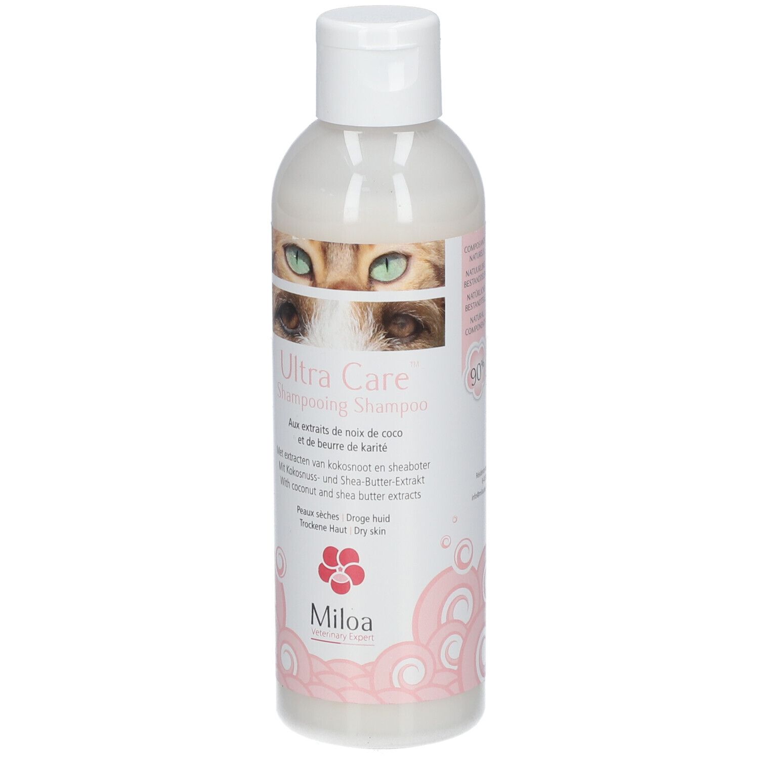 Miloa Ultra Care Shampoo Flasche. Vorderseite mit Produktname, Inhaltsstoffen, Logo und Qualitätszeichen.