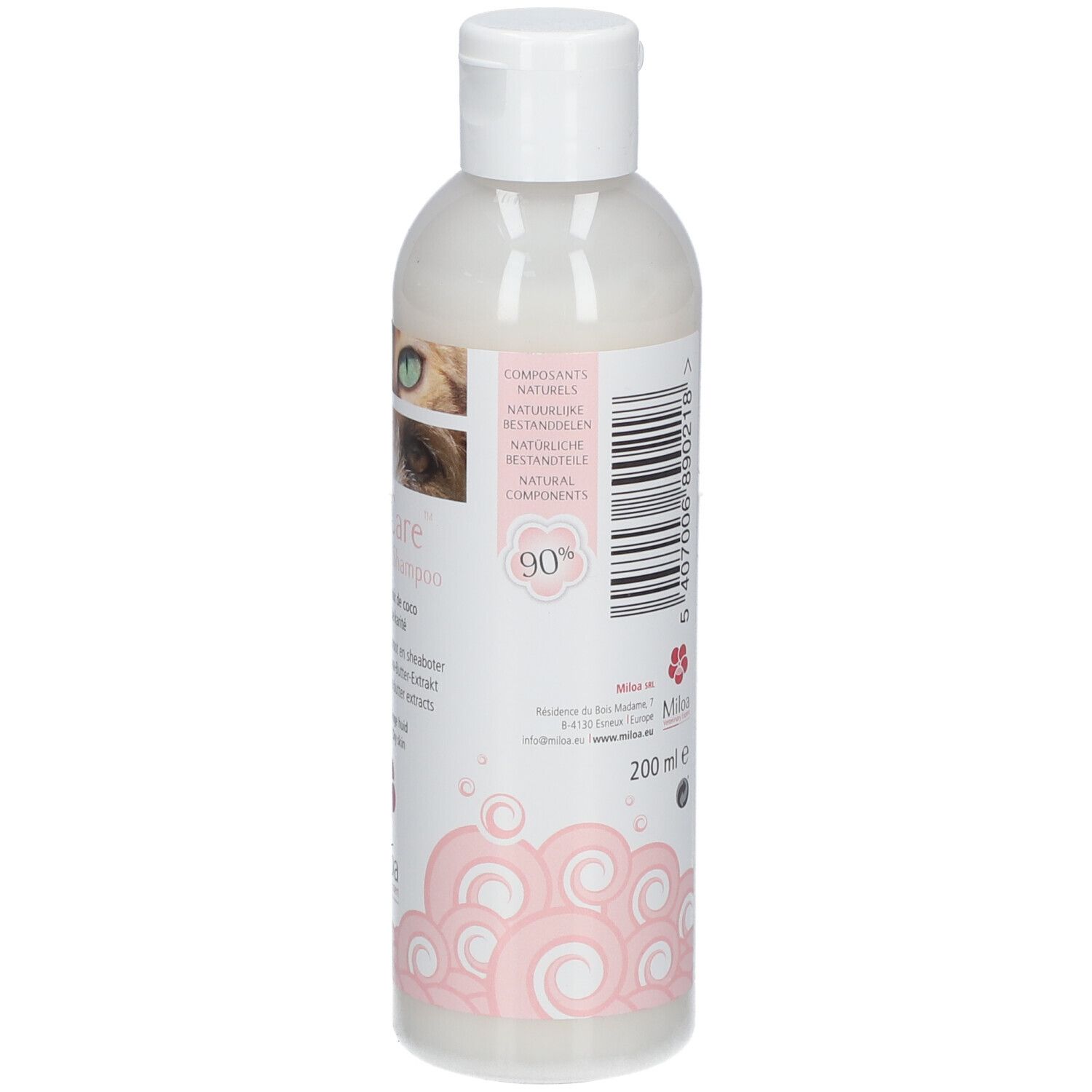 Rückseite der Shampoo-Flasche. Produktinformationen, Barcode, Logo, Volumen und Qualitätszeichen.