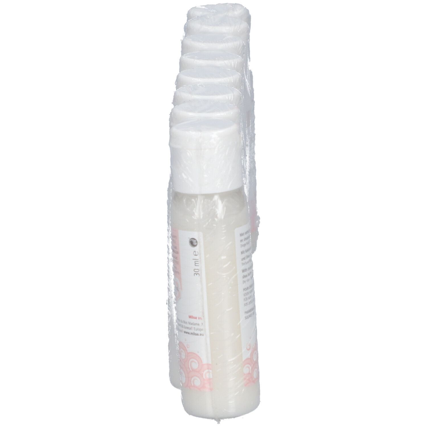 Eine Reihe von Flaschen Miloa Ultra Care Shampoo, verpackt in Folie. Die Etiketten zeigen Produktnamen und Logo.