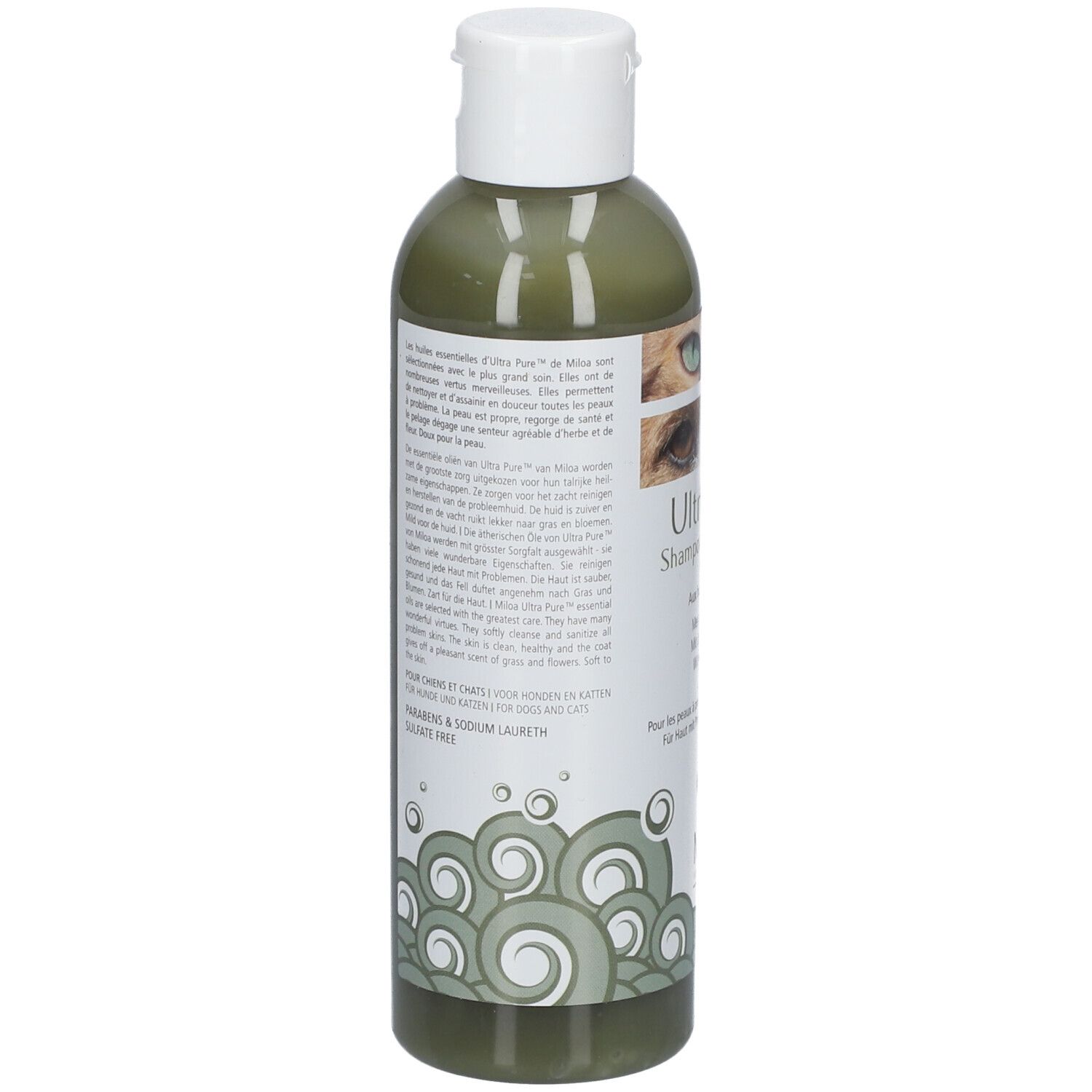 Rückseite der grünen Flasche. Text: Ultra Pure Shampooing. Logo: Miloa. Inhaltsstoffe. Für Haut mit Problemen. Ohne Sodium Laureth.