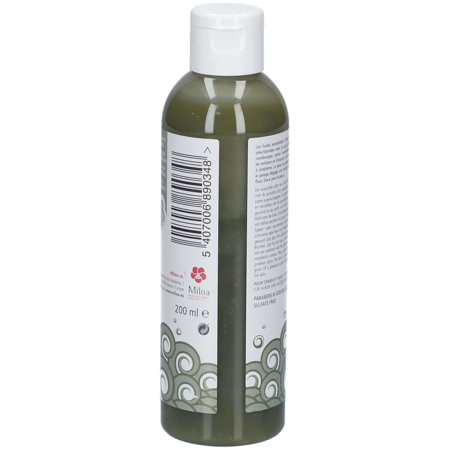 Rückseite der grünen Flasche. Barcode. Logo: Miloa. Volumen: 200 ml. Text: Ultra Pure Shampooing. Für Haut mit Problemen.