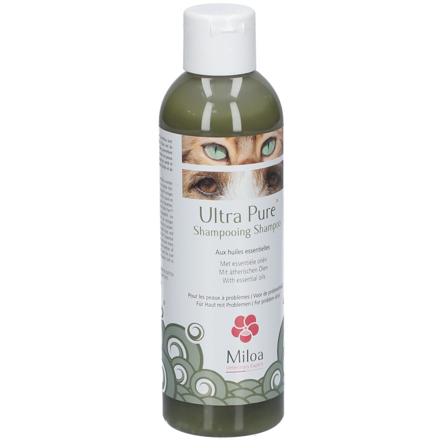 Grüne Flasche mit weißem Deckel. Aufschrift: Ultra Pure Shampooing. Logo: Miloa. Mit ätherischen Ölen. Für Haut mit Problemen.