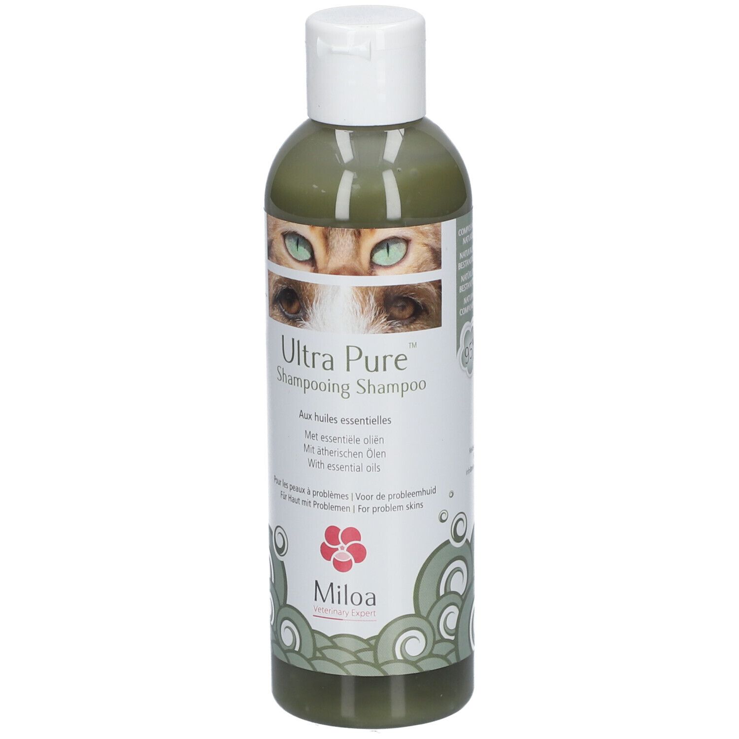 Grüne Flasche mit weißem Deckel. Aufschrift: Ultra Pure Shampooing. Logo: Miloa. Mit ätherischen Ölen. Für Haut mit Problemen.