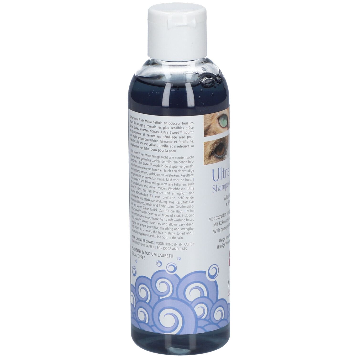 Rückseite einer Shampoo-Flasche. Text in mehreren Sprachen. Marke: Miloa. Wellenmuster in Blau.
