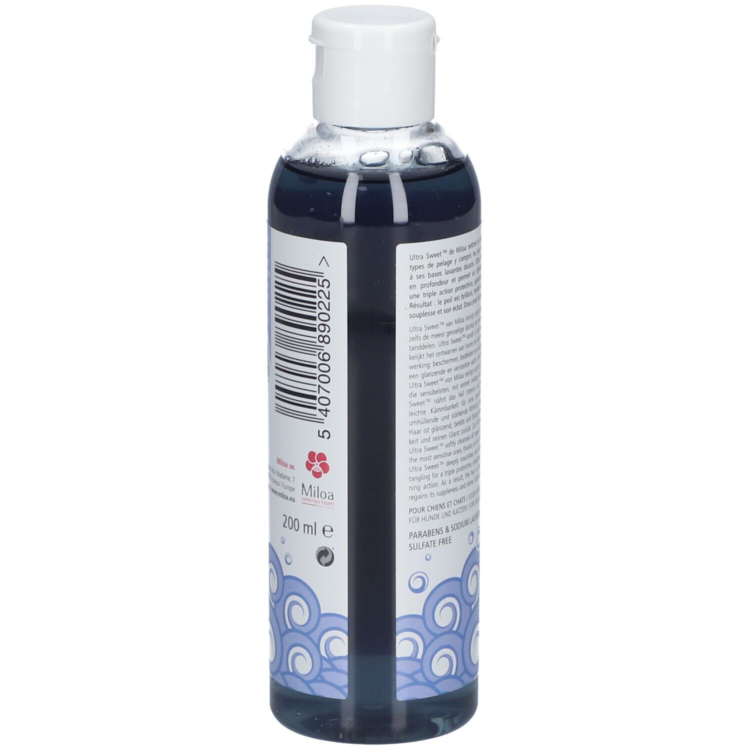 Rückseite einer Shampoo-Flasche. Barcode und Volumenangabe: 200 ml. Marke: Miloa. Wellenmuster.