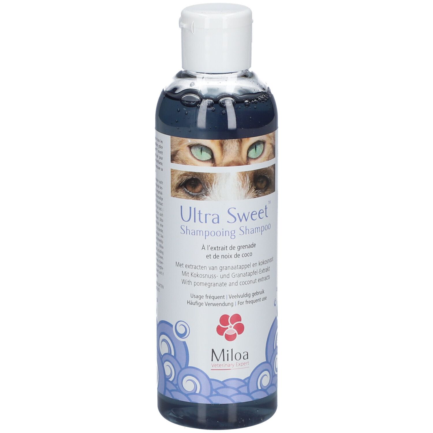 Shampoo-Flasche. Aufschrift: Ultra Sweet Shampooing. Mit Granatapfel- und Kokos-Extrakten. Marke: Miloa.