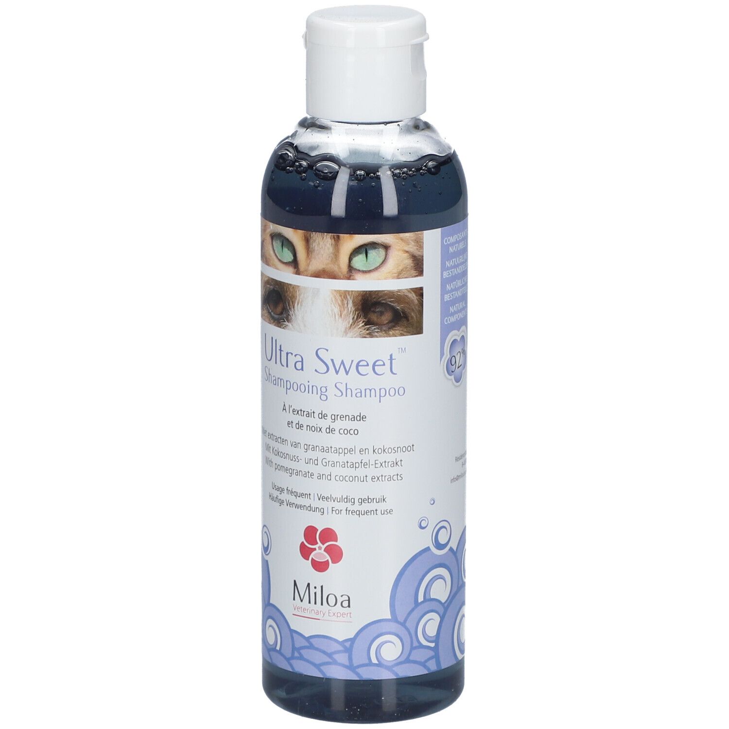 Shampoo-Flasche. Aufschrift: Ultra Sweet Shampooing. Mit Granatapfel- und Kokos-Extrakten. Marke: Miloa.