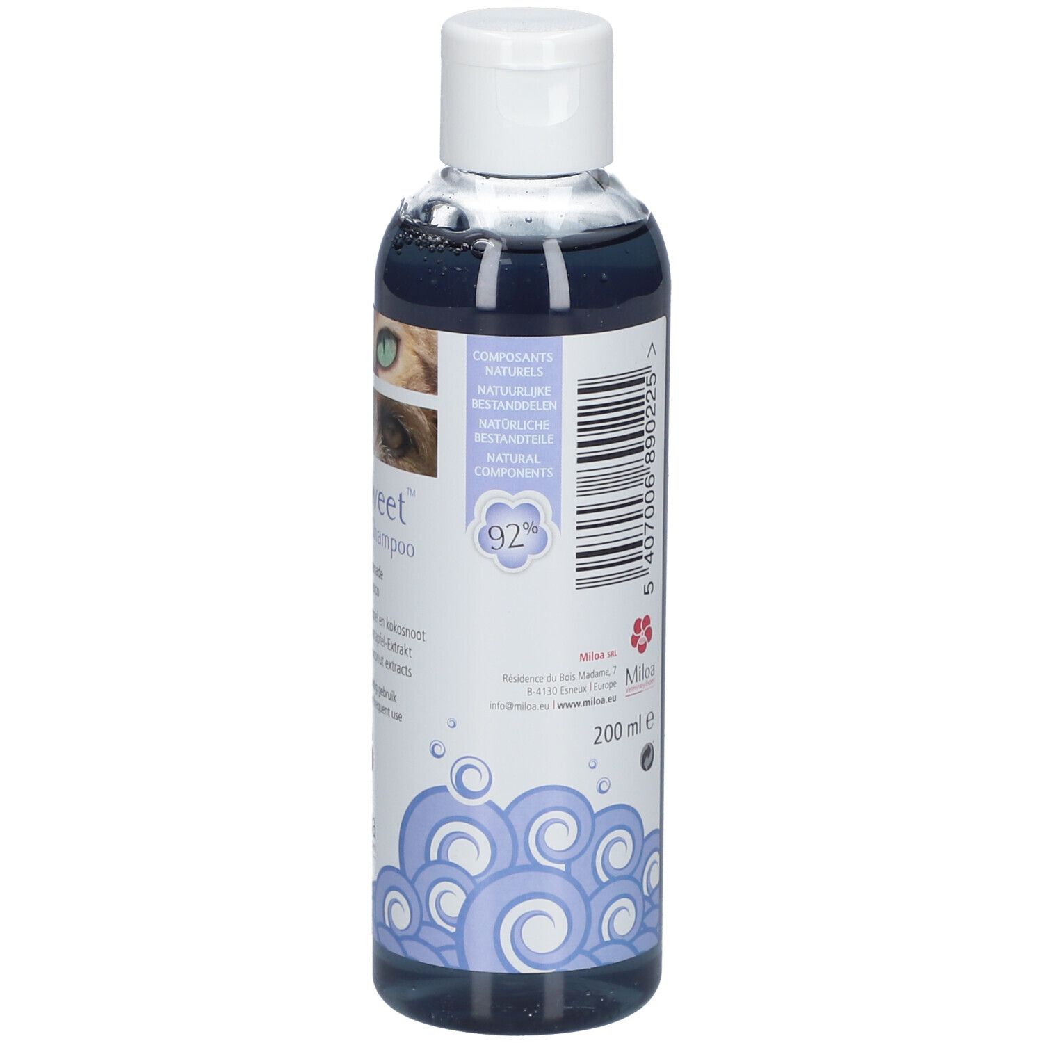 Rückseite einer Shampoo-Flasche. Volumen: 200 ml. 92% natürliche Inhaltsstoffe. Marke: Miloa.