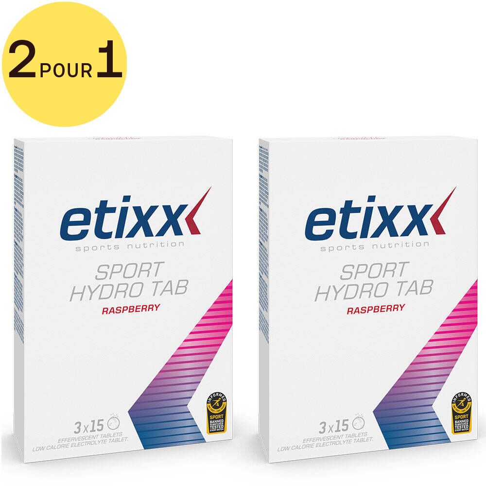 Zwei Packungen Etixx Sport Hydro Tab, Himbeere, 3x15 Tabletten.