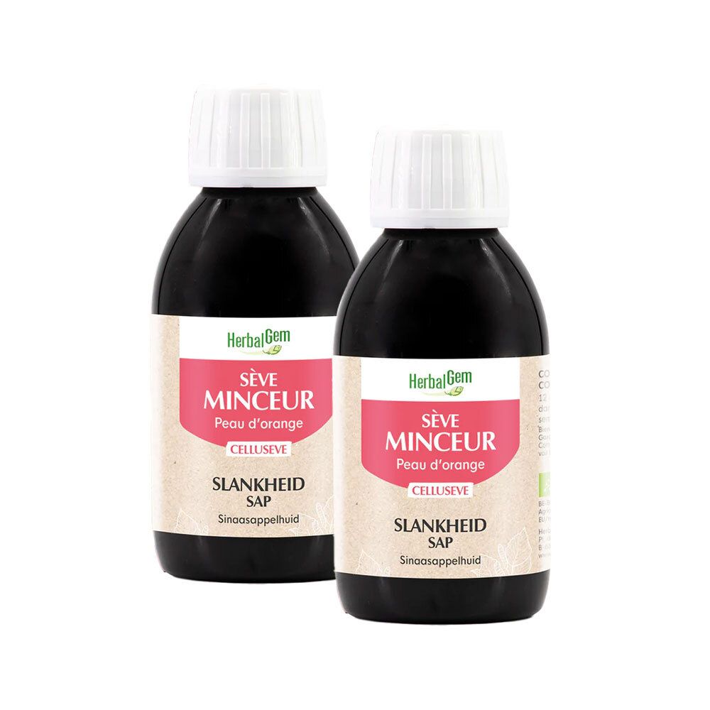 Twee flessen met witte doppen. Opschrift: HerbalGem Sève Minceur, Celluseve, Peau d'orange. Bio-certificering.