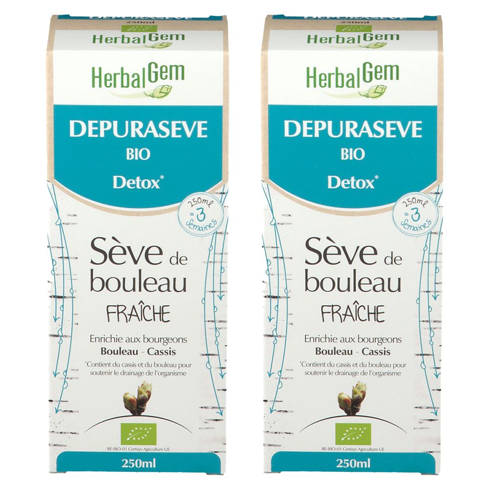 Twee kartonnen verpakkingen. Opschrift: HerbalGem, Depuraseve, Bio, Detox, Sève de bouleau fraîche. Met bio-label en 250ml.