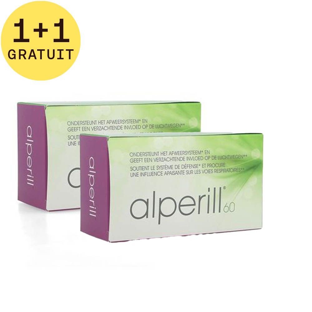 Deux boîtes Alperill 60. Emballage avec accents violets. Inscription: Alperill 60. 1+1 GRATUIT.