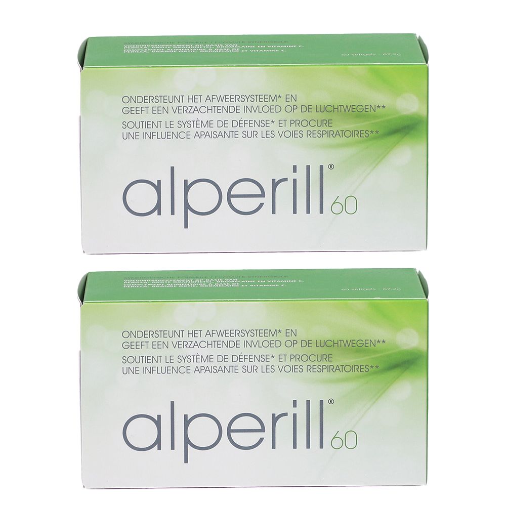 Deux boîtes Alperill 60. Emballage vert et blanc avec texte. Inscription: Alperill 60.