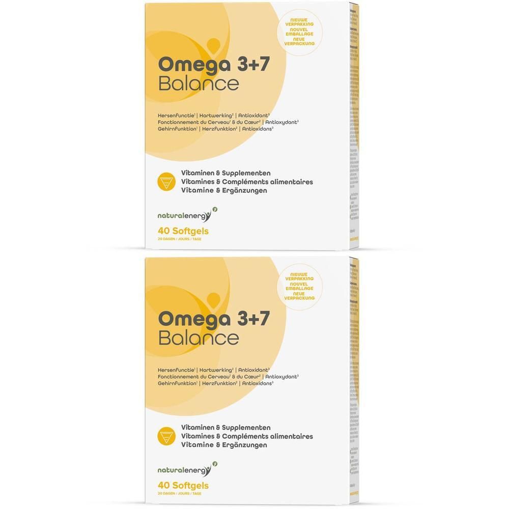 Deux boîtes Omega 3+7 Balance avec autocollant '2 pour 1'. Inscription: 'Natural Energy', '40 gélules'.