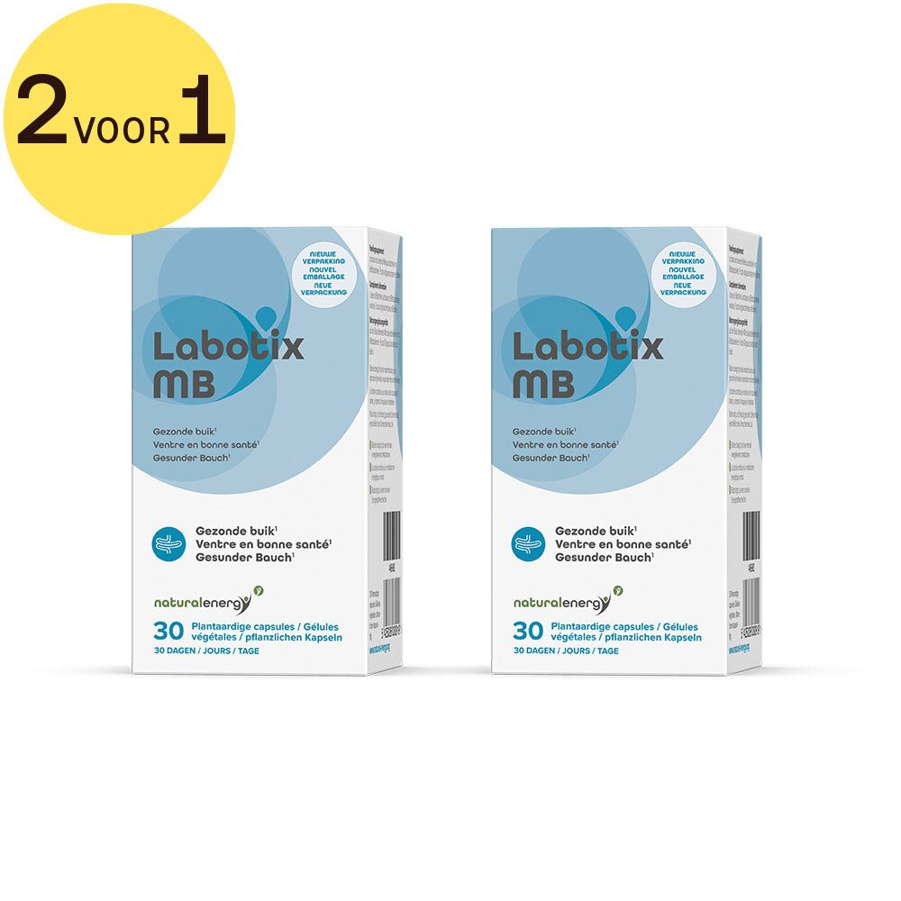 Twee dozen met blauwe designs en opschrift Labotix MB. Gele cirkel met '2 pour 1'.