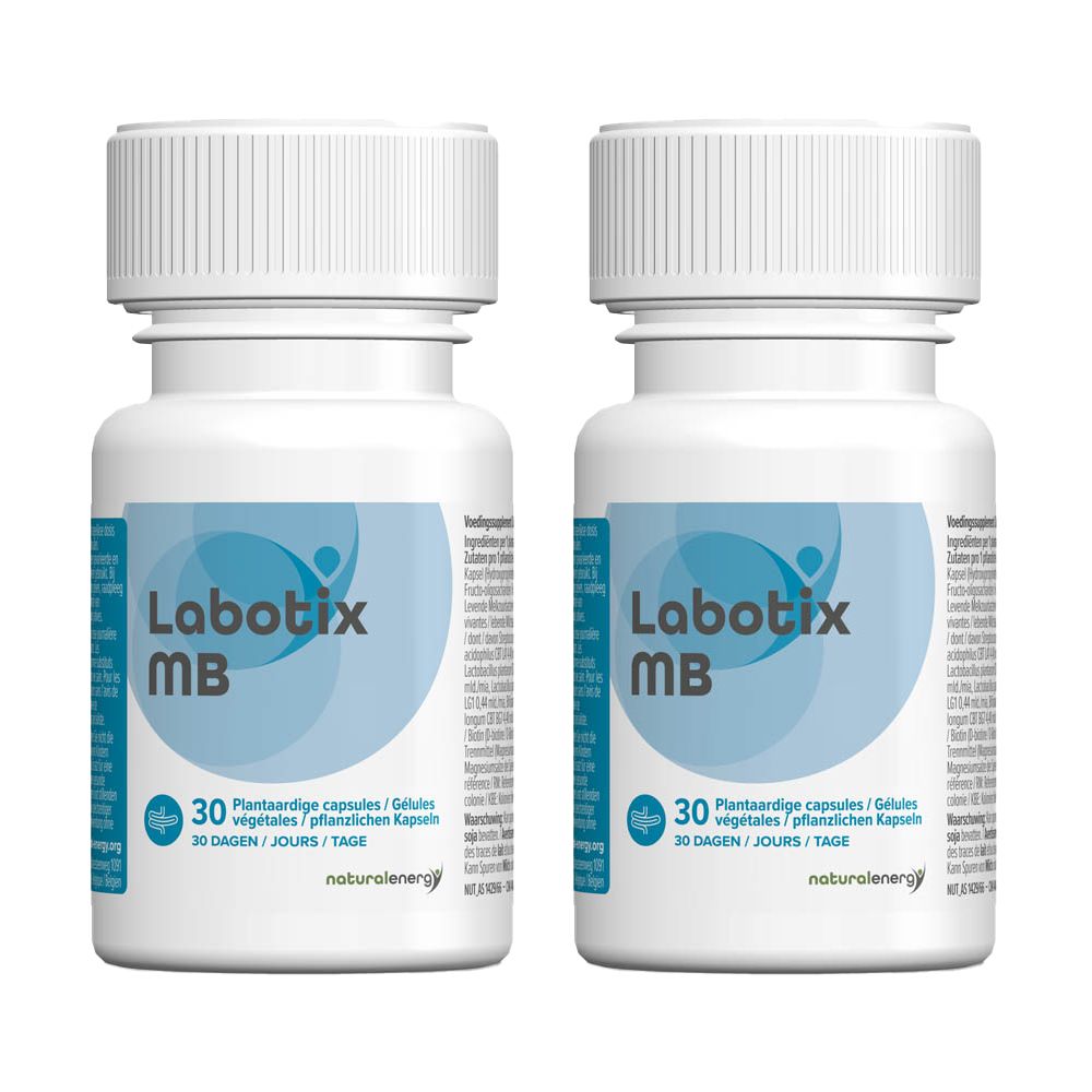 Deux flacons blancs avec étiquettes bleues. Inscription: Labotix MB, 30 capsules. Logo Natural Energy.