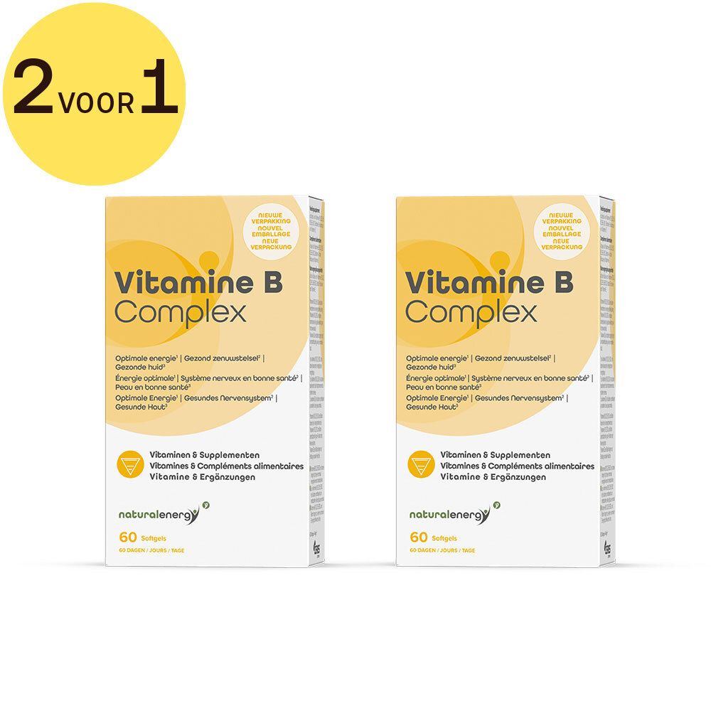 Twee verpakkingen Stress Complex voedingssupplementen, elk 60 capsules. Verpakking is wit met groene accenten.