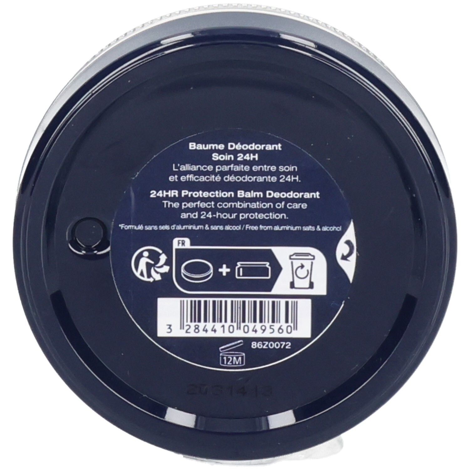 Onderkant van de pot. Opschrift: Baume Déodorant Soin 24H. Barcode en recyclagesymbool. 12M-symbool.