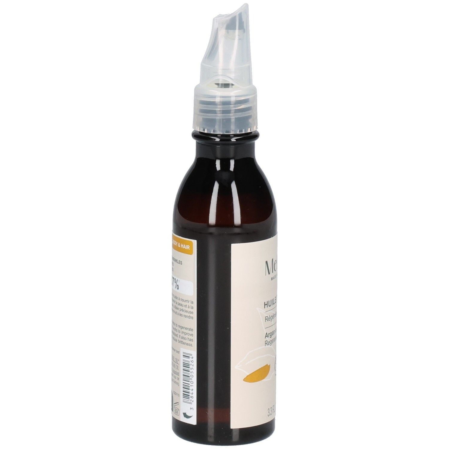 Melvita Arganöl Flasche, Seitenansicht. Etikett mit BIO-Siegel und Inhaltsstoffen.