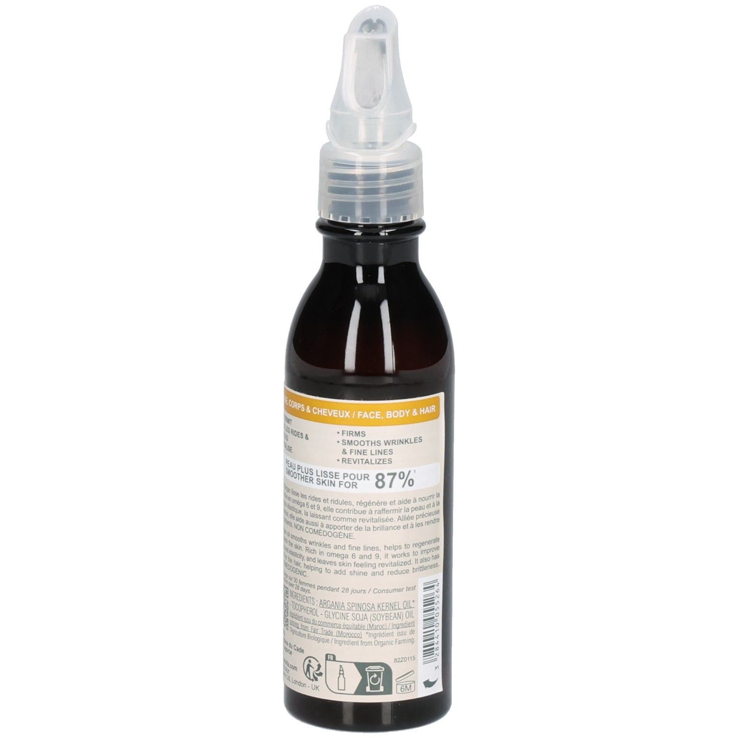 Rückseite der Melvita Arganöl Flasche. Informationen zu Anwendung und Inhaltsstoffen.