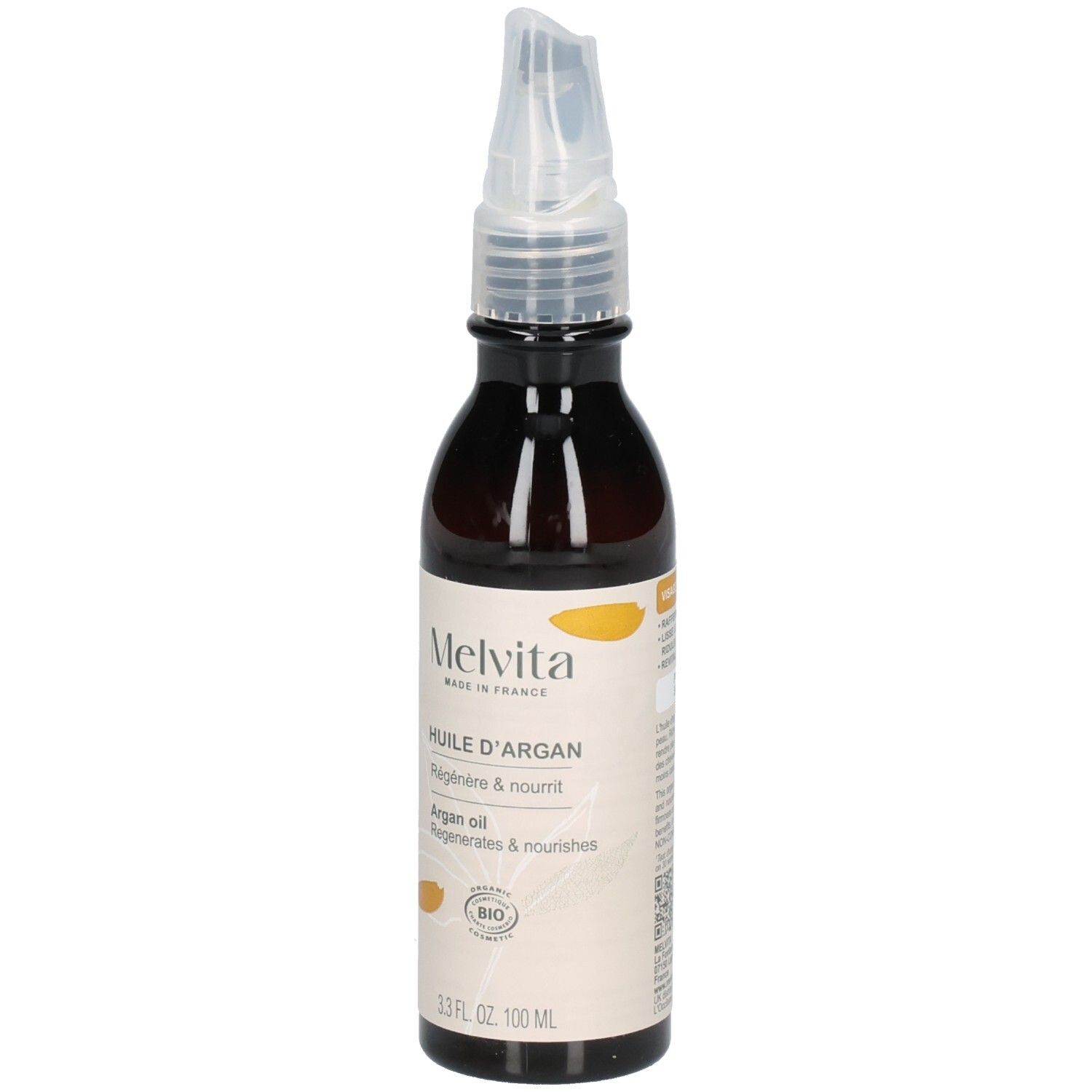 Melvita Arganöl Flasche mit Applikator. Etikett mit BIO-Siegel.
