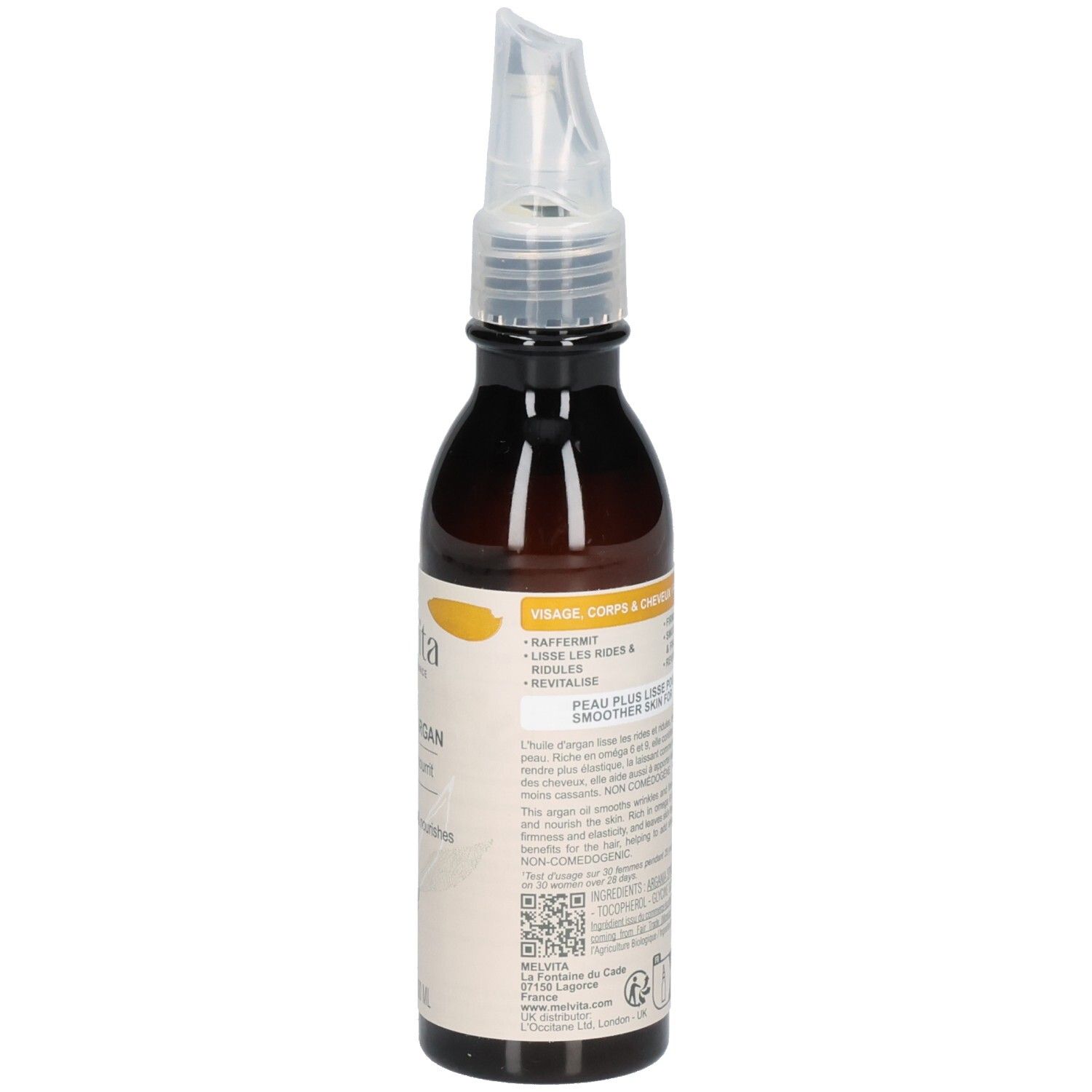 Melvita Arganöl Flasche, Seitenansicht. Etikett mit Anwendungshinweisen.
