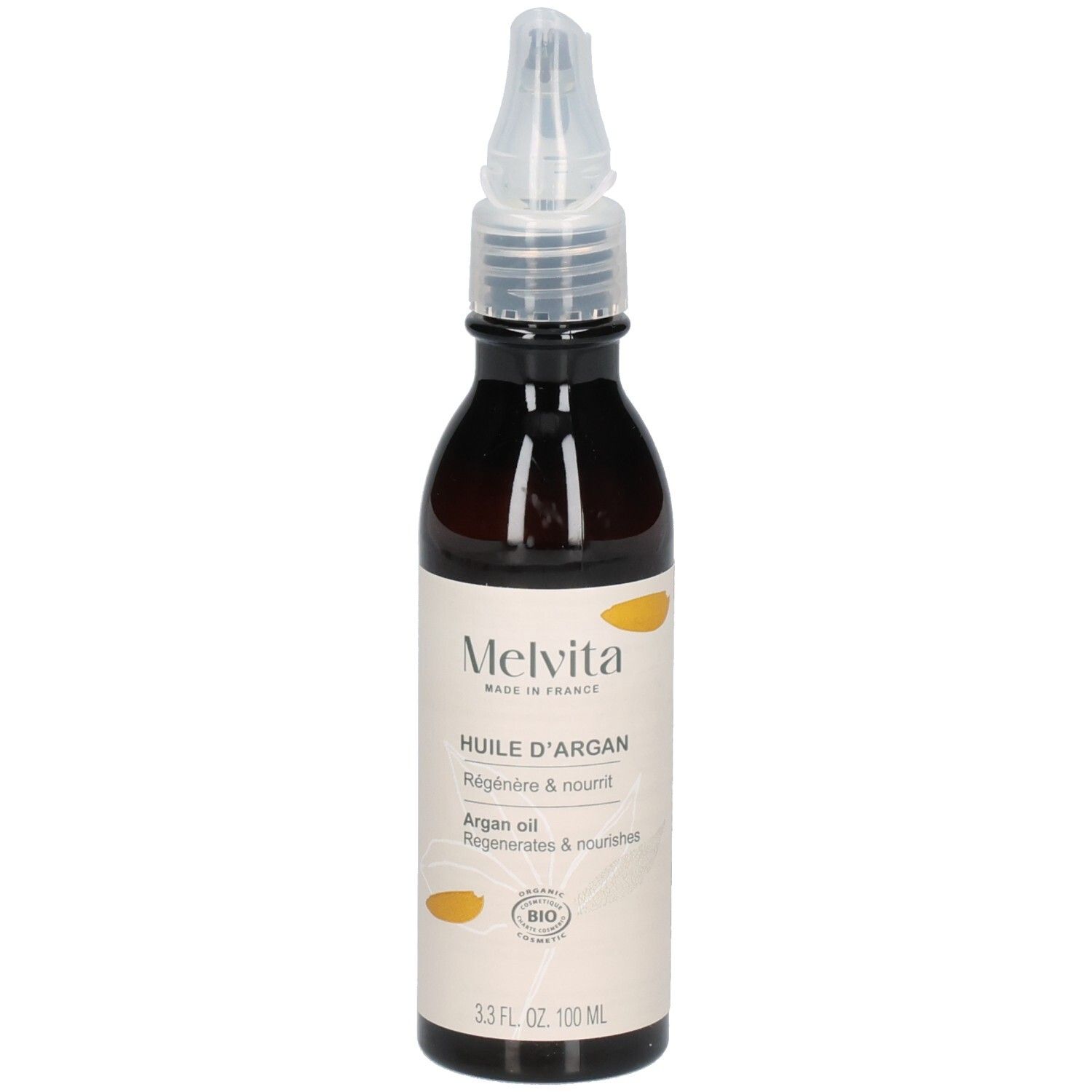 Melvita Arganöl Flasche mit Applikator. Etikett mit BIO-Siegel und Produktinformationen.