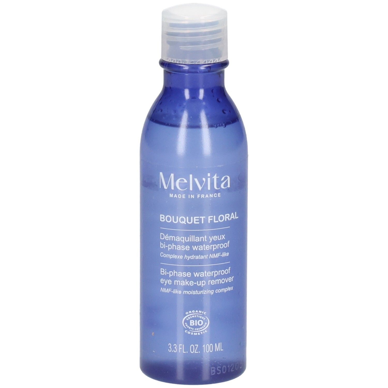 Melvita Augen Make-up Entferner, 100 ml, blaue Flasche.