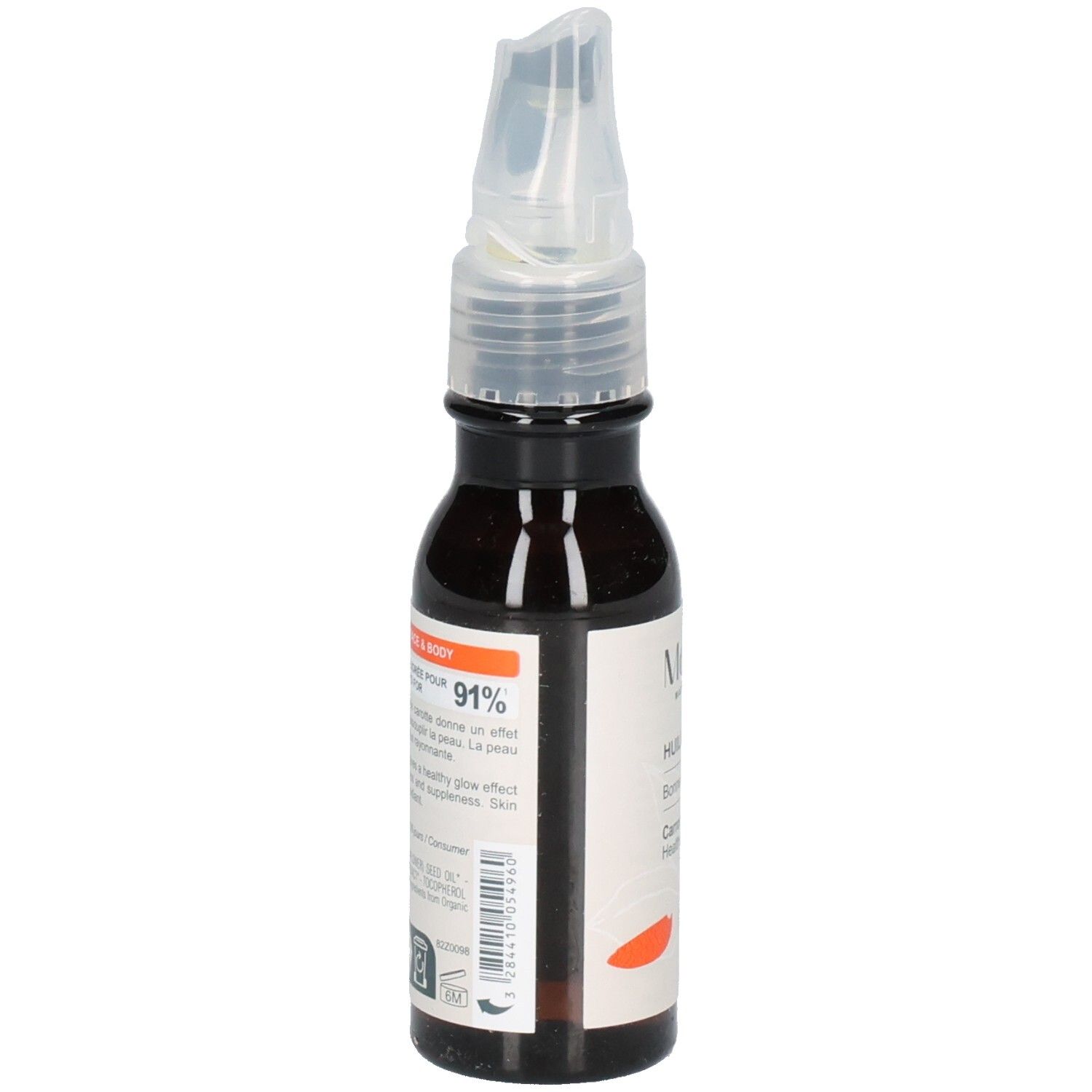 Melvita Karottenöl Flasche, Seitenansicht mit Etikett und Bio-Siegel.