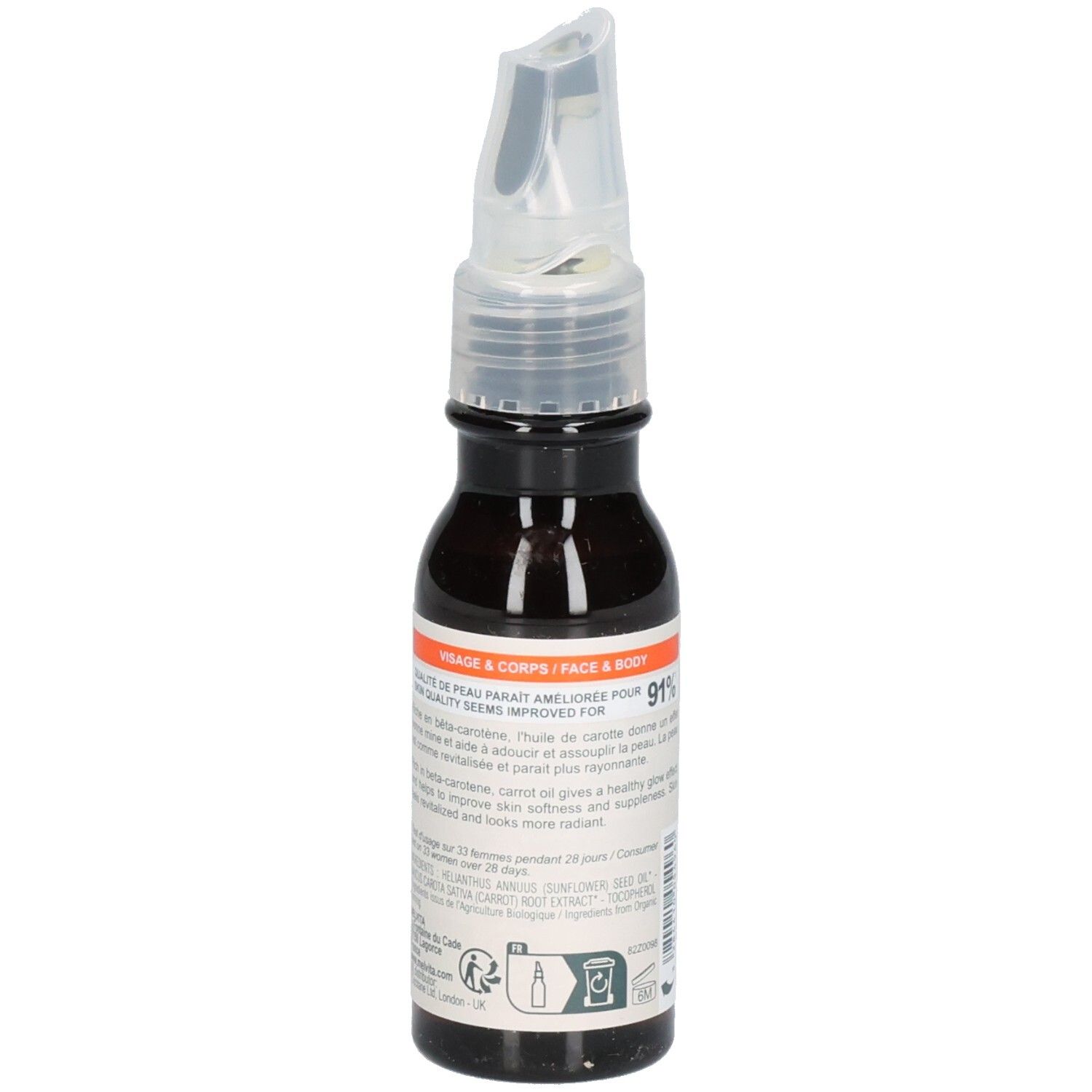Melvita Karottenöl Flasche, Seitenansicht mit Anwendungshinweisen und Bio-Siegel.