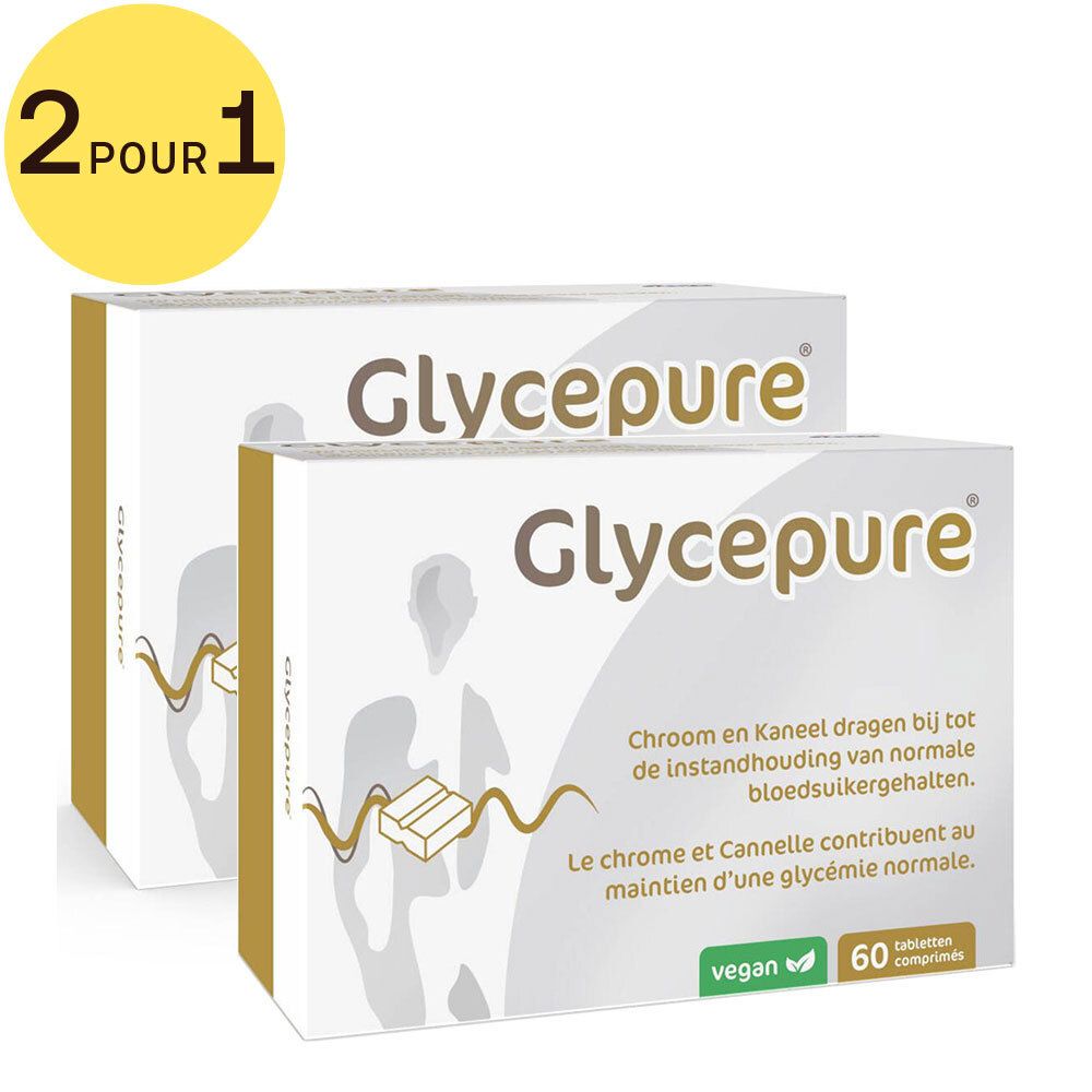 Deux boîtes de Glycepure. Boîtes blanches avec nom et texte du produit. Label vegan et 60 comprimés.